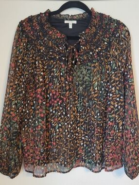 Maurices Blouse Black Floral Sheer Long Sleeve Smocked Layered Top L Large Boho